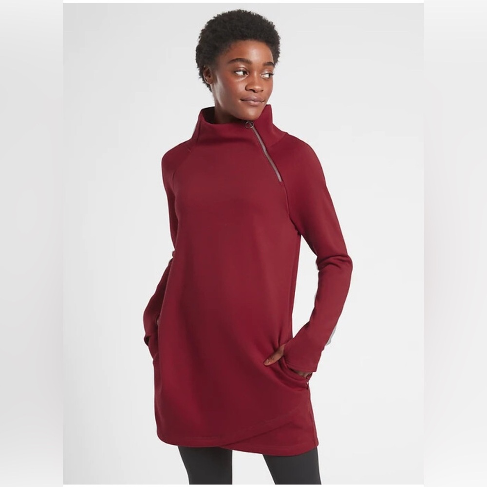 Athleta Cozy Karma Asym Sweatshirt dress in Decadent Red